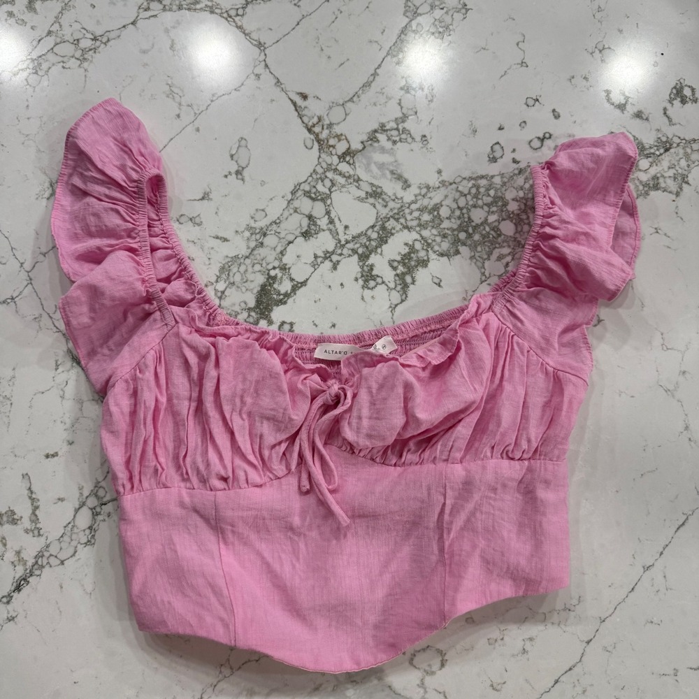 Altar'd State Pink Ruffle Sleeve Smocked Back Crop Top Womens M